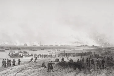 Débarquement des troupes lors du bombardement de Fort Fisher, Caroline du Nord, 1864